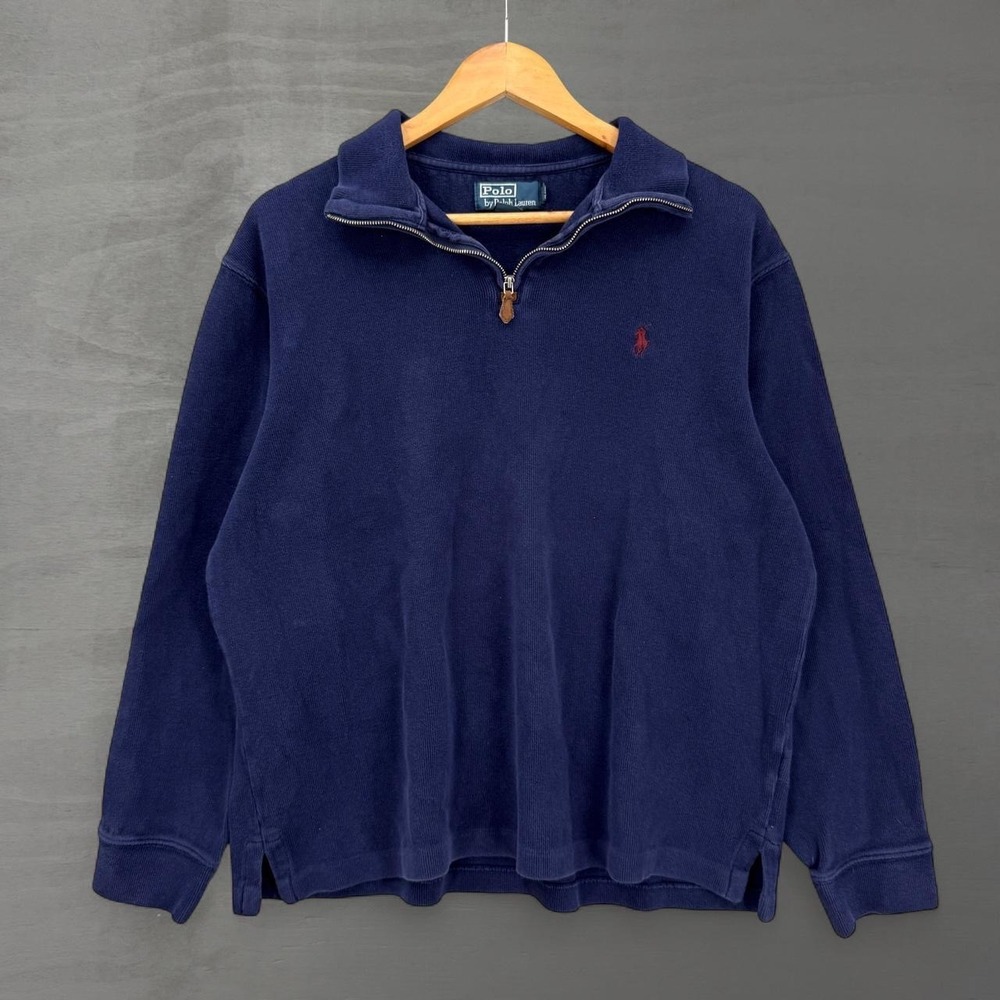 Polo Ralph Lauren Quarter Zip Pullover Navy Blue Ribbed Cotton Sweater Large